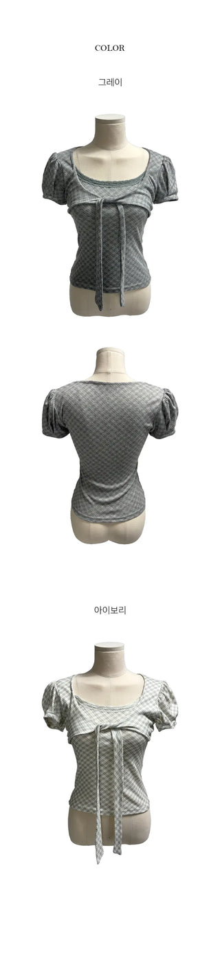 Pion Check Ribbon Lace Short Sleeve T-shirt