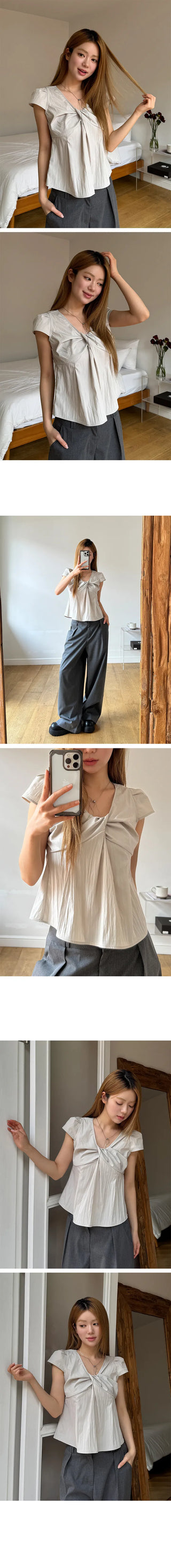 Enco Ribbon Shirred Short Sleeve Blouse