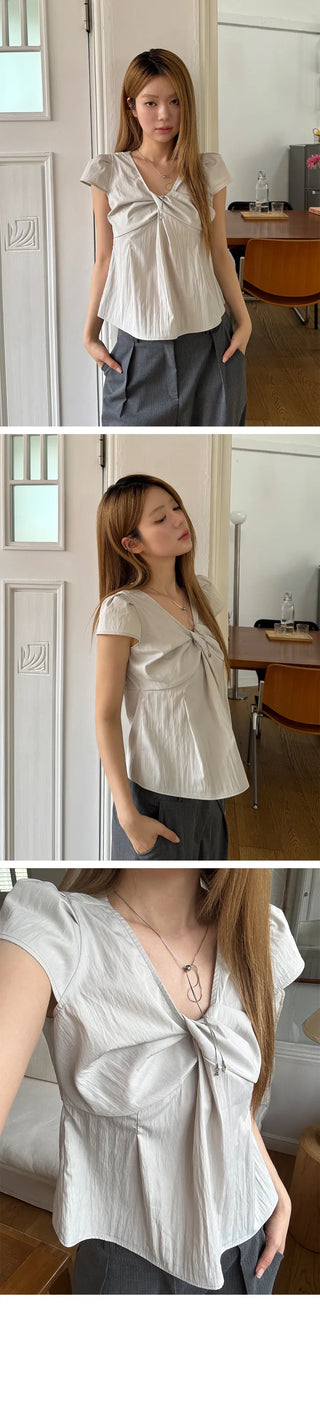 Enco Ribbon Shirred Short Sleeve Blouse