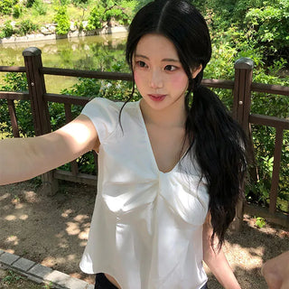 Enco Ribbon Shirred Short Sleeve Blouse