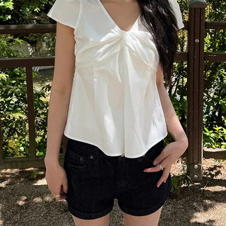 Enco Ribbon Shirred Short Sleeve Blouse