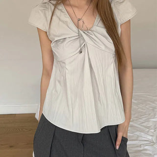 Enco Ribbon Shirred Short Sleeve Blouse