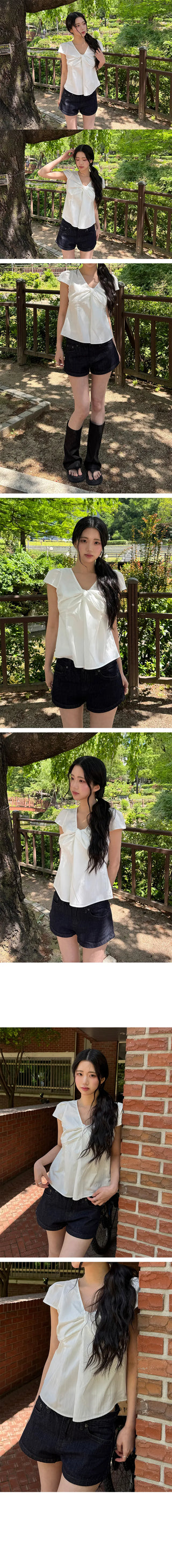 Enco Ribbon Shirred Short Sleeve Blouse
