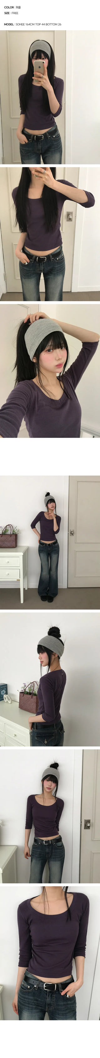 Ash Crop U-Neck 3/4 Sleeve Pintuck T-shirt