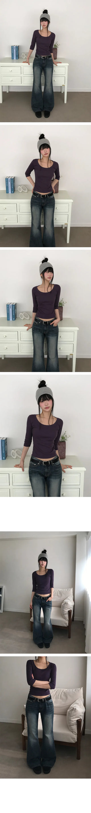 Ash Crop U-Neck 3/4 Sleeve Pintuck T-shirt
