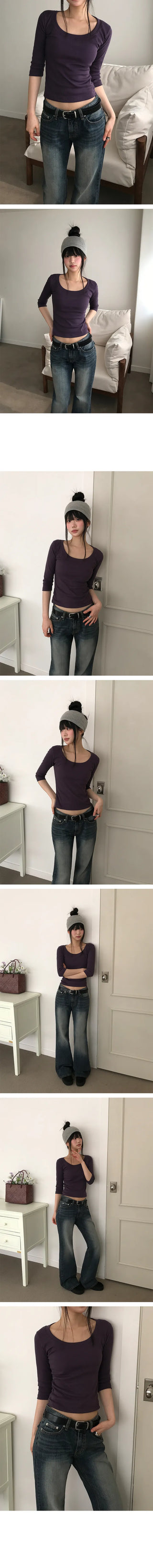 Ash Crop U-Neck 3/4 Sleeve Pintuck T-shirt
