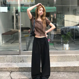 Wrinkle Frill Pintuck Short Sleeve Blouse