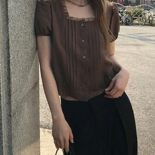 Wrinkle Frill Pintuck Short Sleeve Blouse