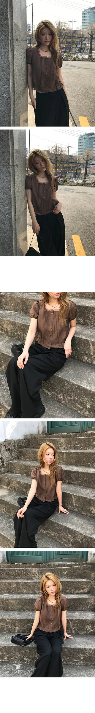 Wrinkle Frill Pintuck Short Sleeve Blouse