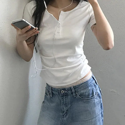 Standard Side Shirred Henley Neck Short Sleeve Tee