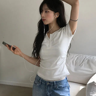 Standard Side Shirred Henley Neck Short Sleeve Tee