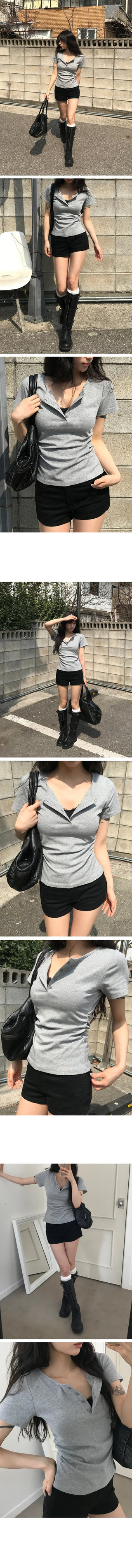 Standard Side Shirred Henley Neck Short Sleeve Tee