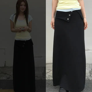 Ribbed Button Folding Long Skirt