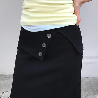 Ribbed Button Folding Long Skirt