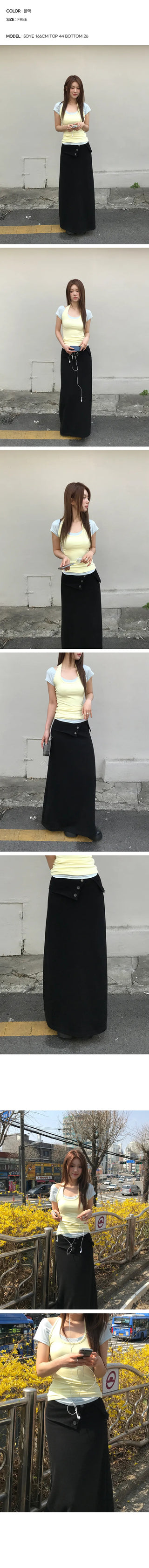 Ribbed Button Folding Long Skirt
