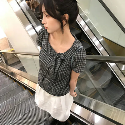 Milk Check Short Sleeve Blouse