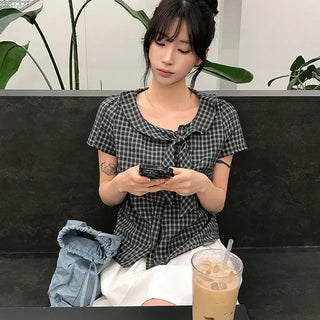 Milk Check Short Sleeve Blouse