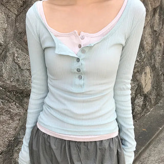 Kibe Layered Henley Neck Long Sleeve T-shirt