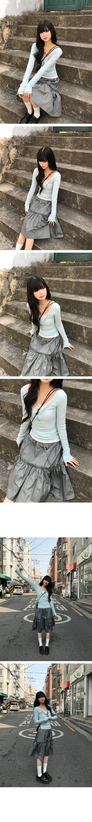 Kibe Layered Henley Neck Long Sleeve T-shirt