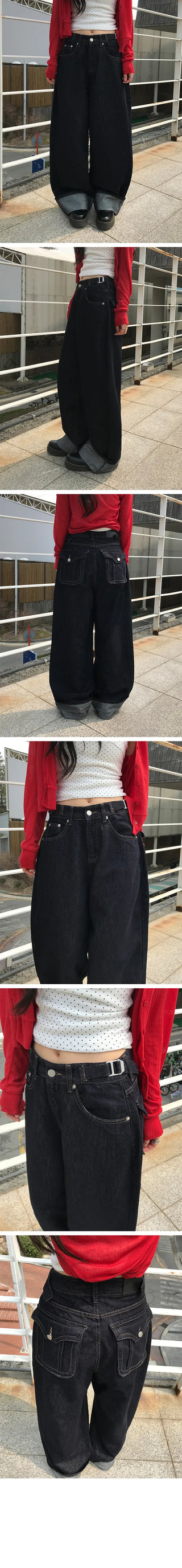 Polu Buckle Pocket Raw Denim Wide Roll-up Pants