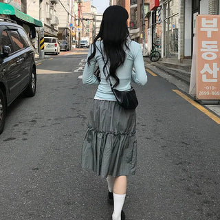 Maureen Ruffle Elastic Waist Midi Nylon Skirt