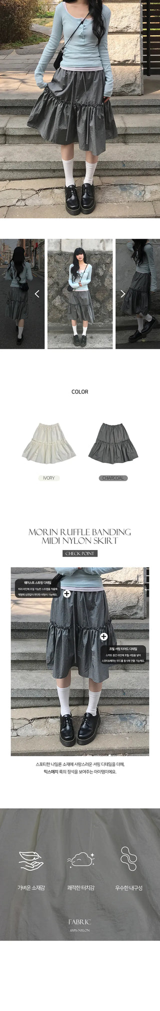 Maureen Ruffle Elastic Waist Midi Nylon Skirt