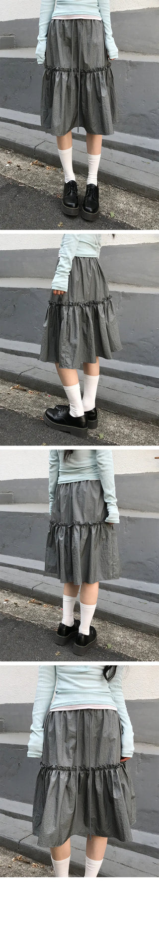 Maureen Ruffle Elastic Waist Midi Nylon Skirt