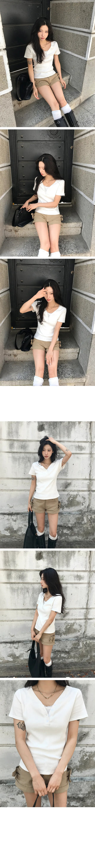 Fish Slim Button V-Neck Short Sleeve T-Shirt