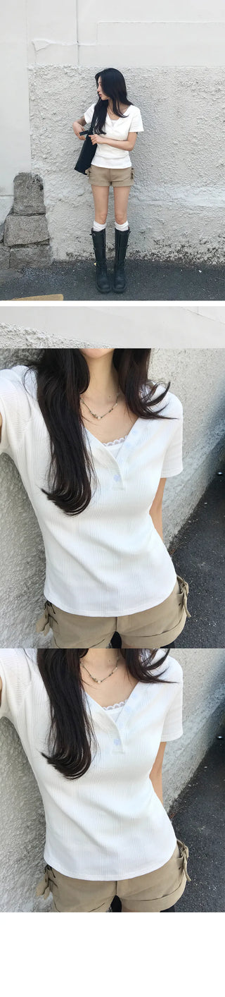 Fish Slim Button V-Neck Short Sleeve T-Shirt