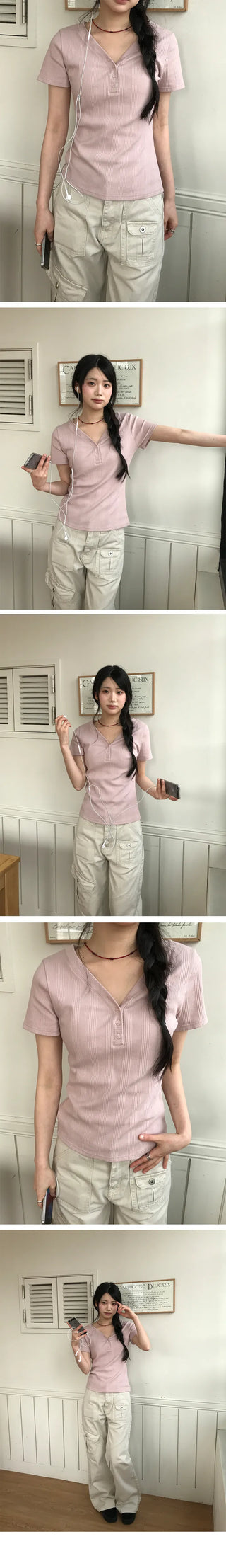 Fish Slim Button V-Neck Short Sleeve T-Shirt