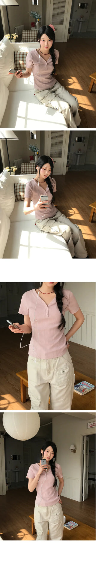 Fish Slim Button V-Neck Short Sleeve T-Shirt