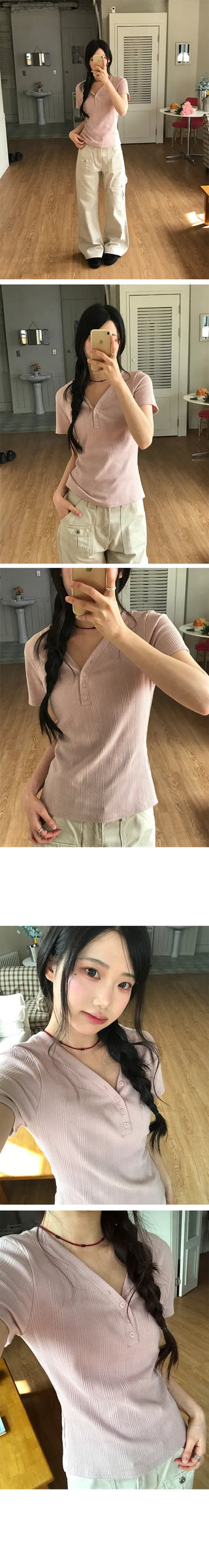 Fish Slim Button V-Neck Short Sleeve T-Shirt
