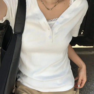 Fish Slim Button V-Neck Short Sleeve T-Shirt