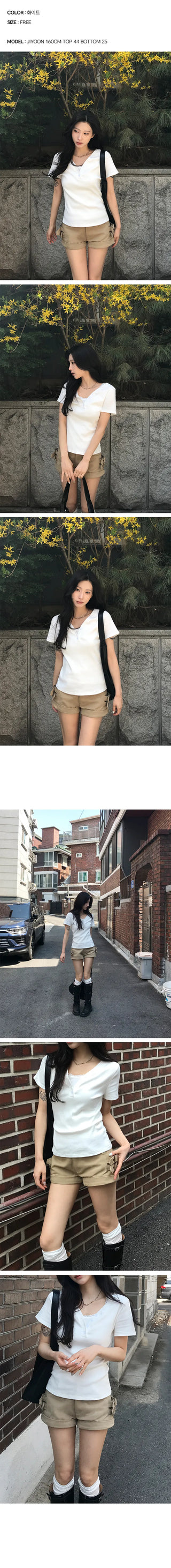 Fish Slim Button V-Neck Short Sleeve T-Shirt