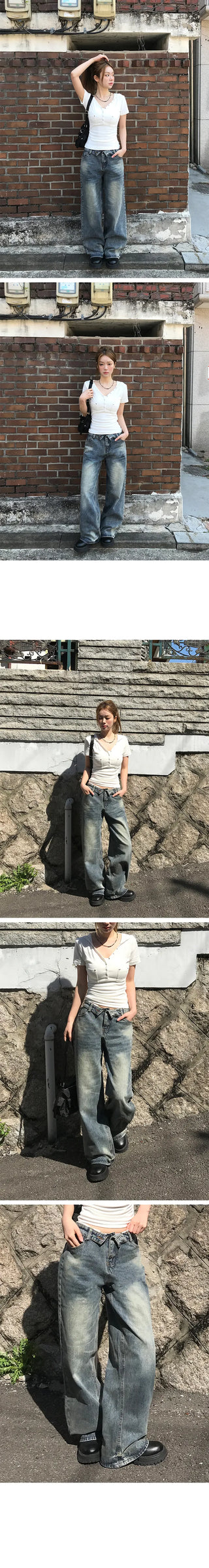 Folding Waist Denim Pants