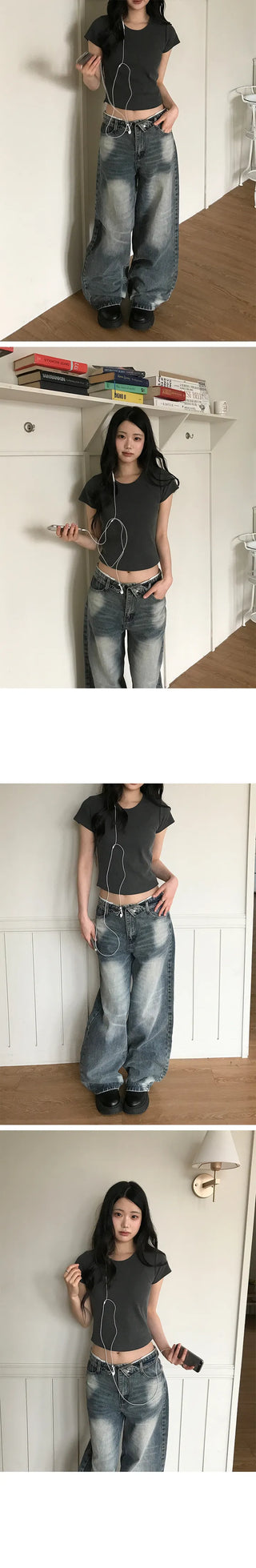 Folding Waist Denim Pants