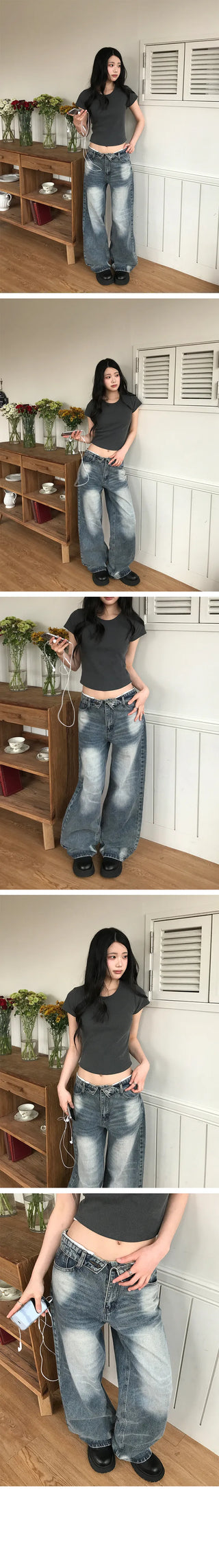 Folding Waist Denim Pants