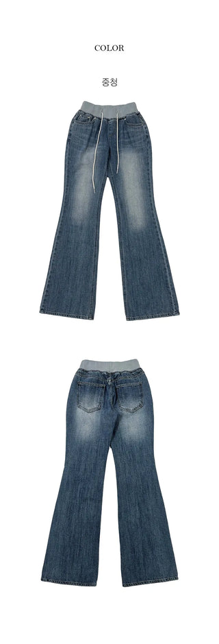 Swirl Elastic Waist Color Block Low Bootcut Denim Pants