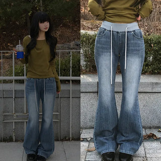 Swirl Elastic Waist Color Block Low Bootcut Denim Pants