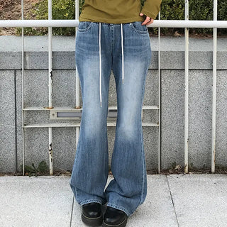 Swirl Elastic Waist Color Block Low Bootcut Denim Pants