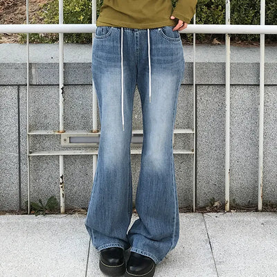 Swirl Elastic Waist Color Block Low Bootcut Denim Pants