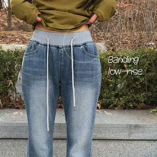 Swirl Elastic Waist Color Block Low Bootcut Denim Pants