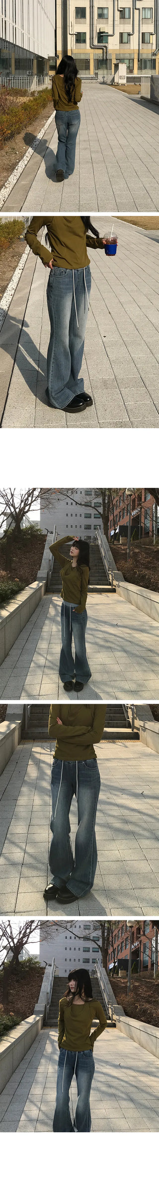 Swirl Elastic Waist Color Block Low Bootcut Denim Pants
