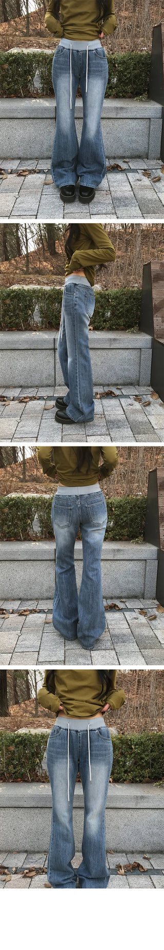Swirl Elastic Waist Color Block Low Bootcut Denim Pants