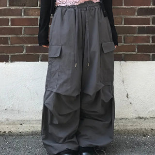 Screw Nylon Pintuck Elastic Waist Wide Long Pants