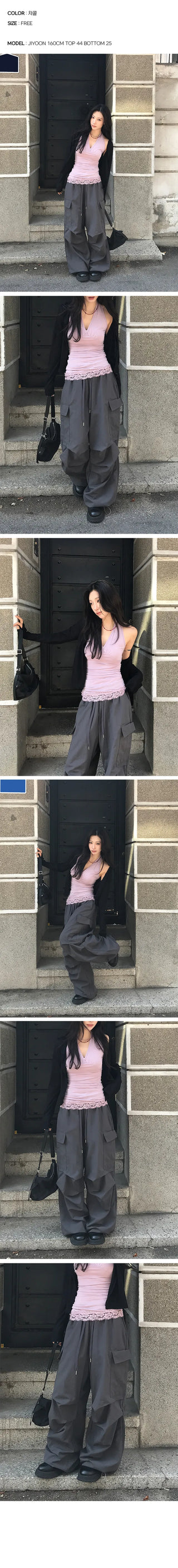 Screw Nylon Pintuck Elastic Waist Wide Long Pants
