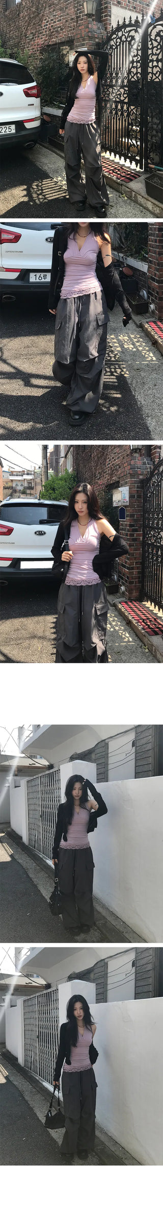 Screw Nylon Pintuck Elastic Waist Wide Long Pants