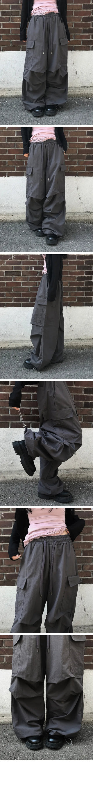 Screw Nylon Pintuck Elastic Waist Wide Long Pants