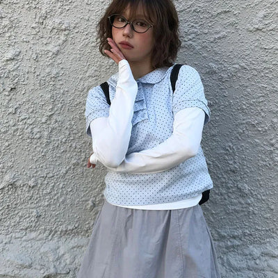 Rounded Shirred Dot Collared Tee