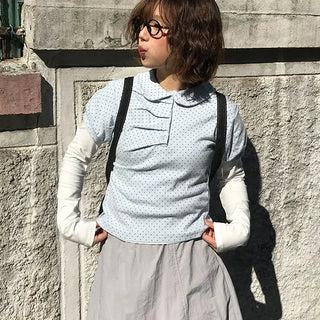 Rounded Shirred Dot Collared Tee